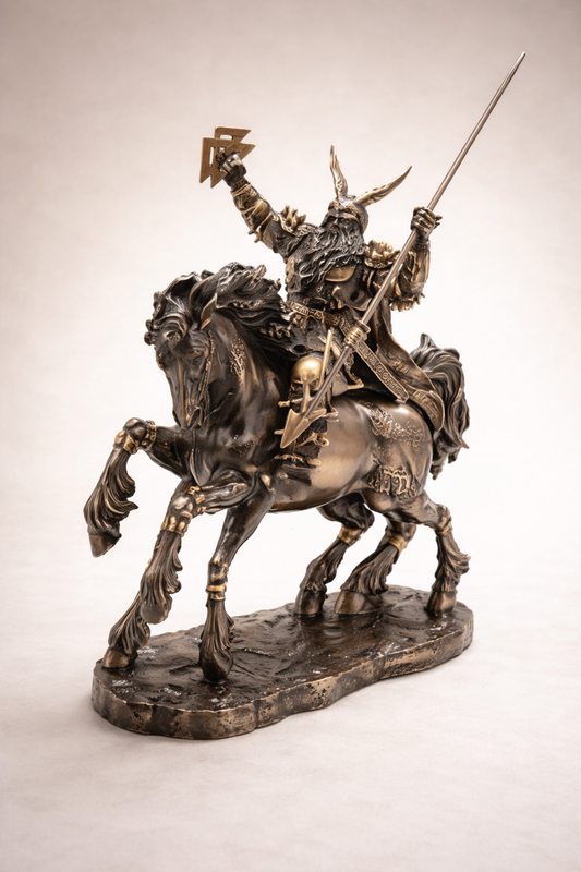 Bronze statue of a warrior on horseback with a spear, on a beige background