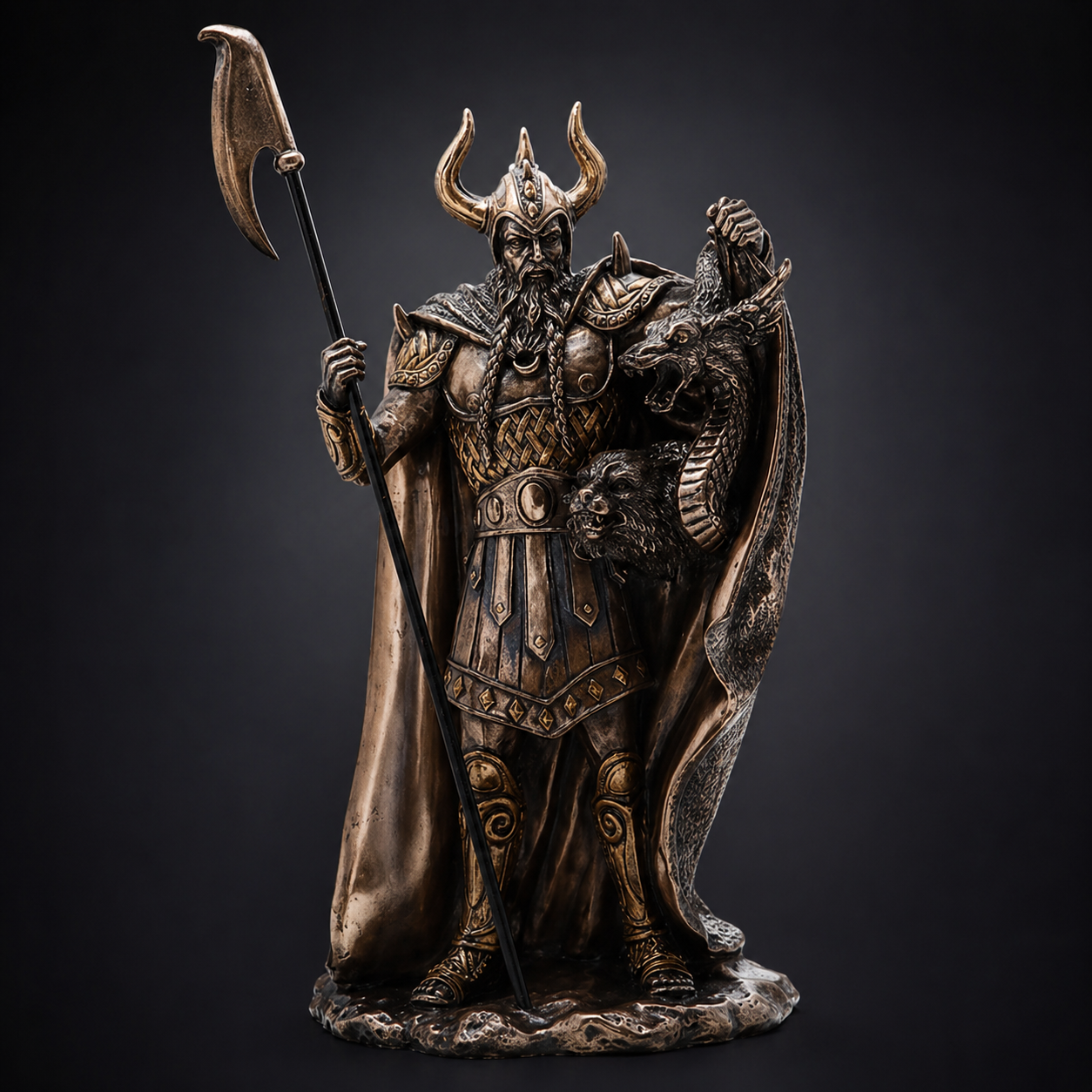 Statue of Loki in ornate armor holding a spear on a dark background