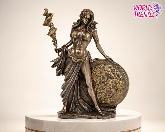 A bronze-finished statue of Frigga, a classical female figure standing beside a large decorative shield, displayed on a white round pedestal against a light beige studio background. A pink 'WORLD TRENDZ' logo appears in the top-right corner.