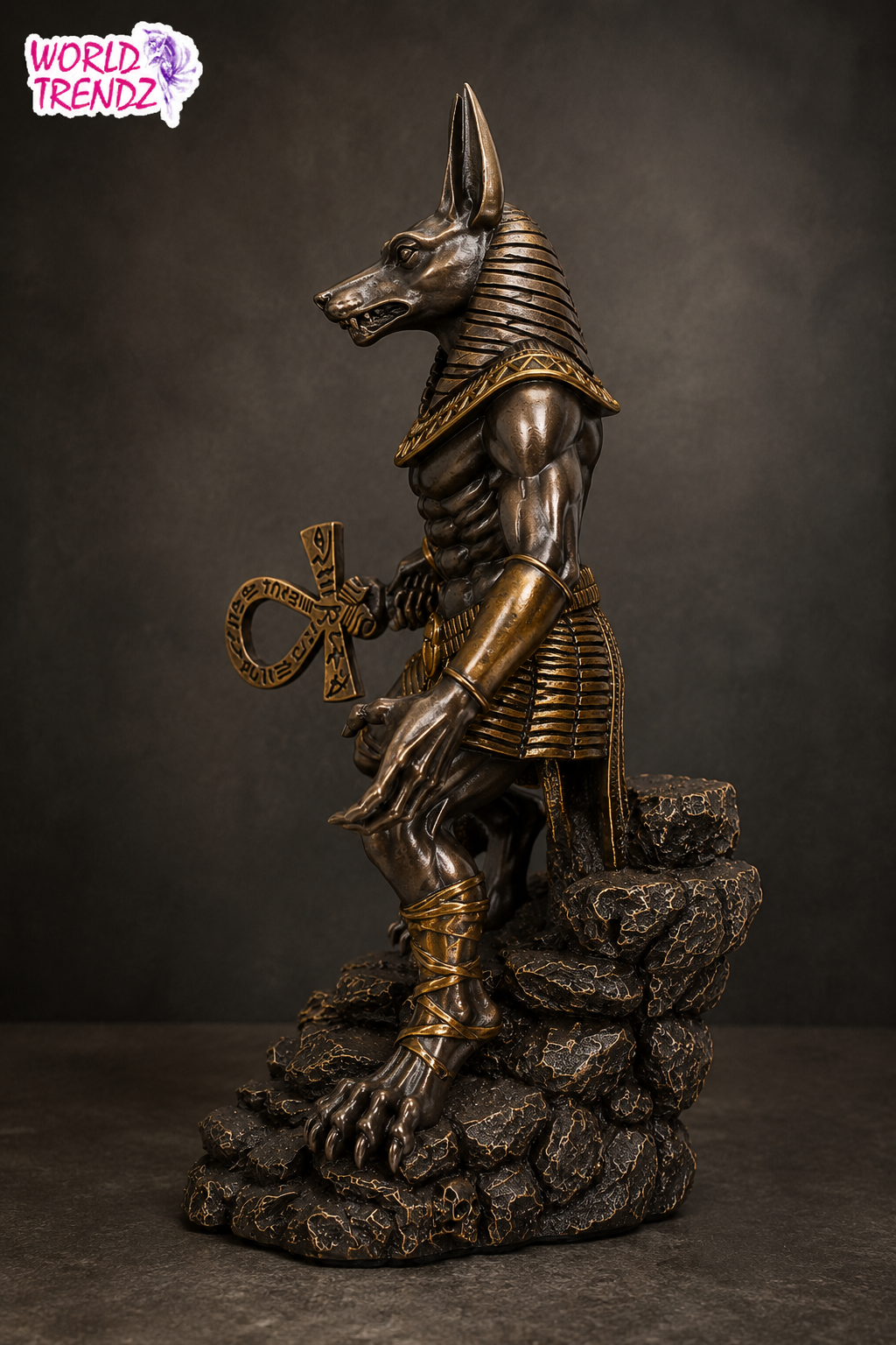 A detailed bronze-finished statue of Anubis, the Egyptian deity with a dog head, standing on a rocky base and holding an ankh symbol. The statue features a metallic bronze finish with gold accents on the collar, skirt, and ankh.