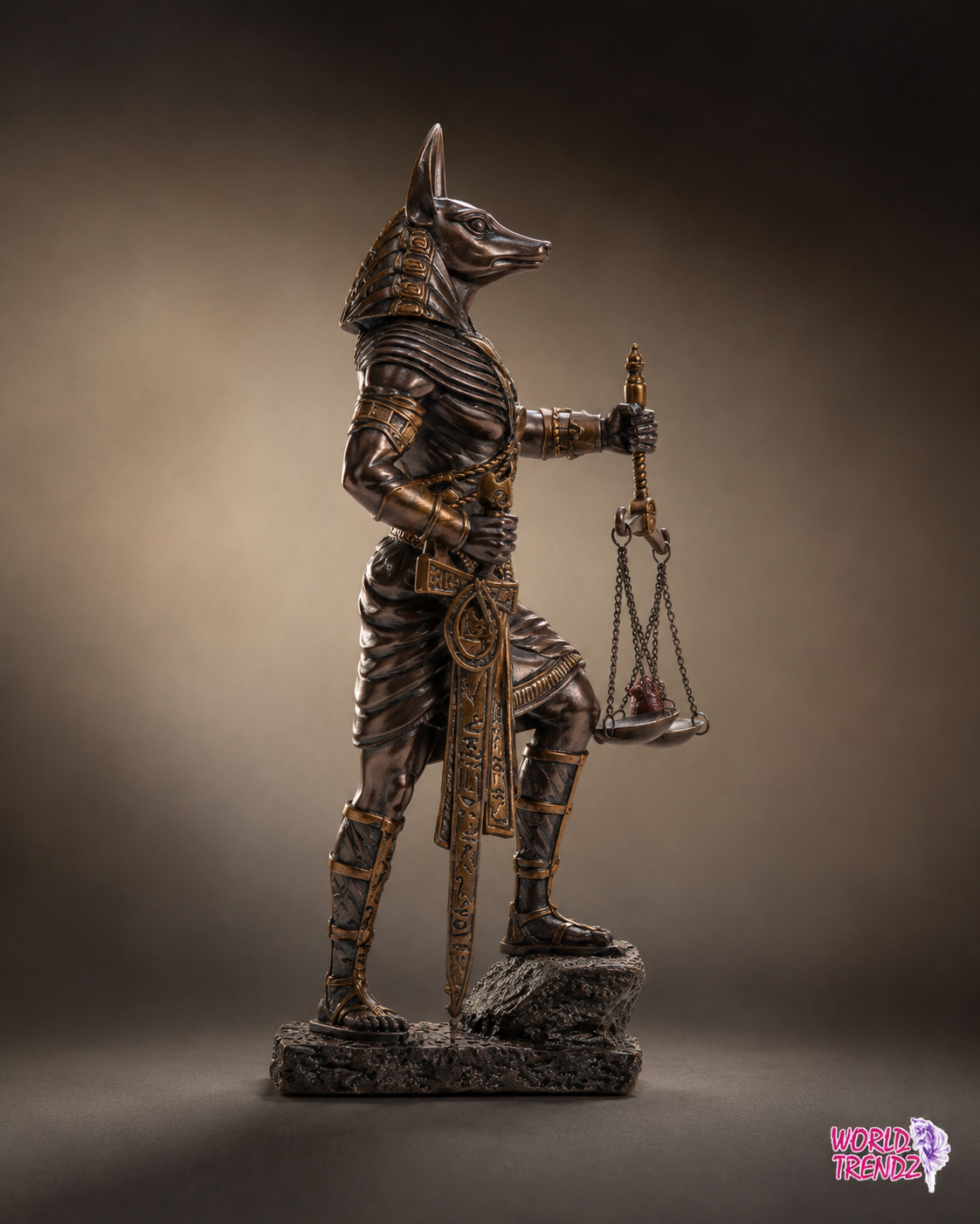 A detailed collectible statue of an armored Anubis figure with a jackalope head, holding a sword and a balance scale, set against a dark studio background.