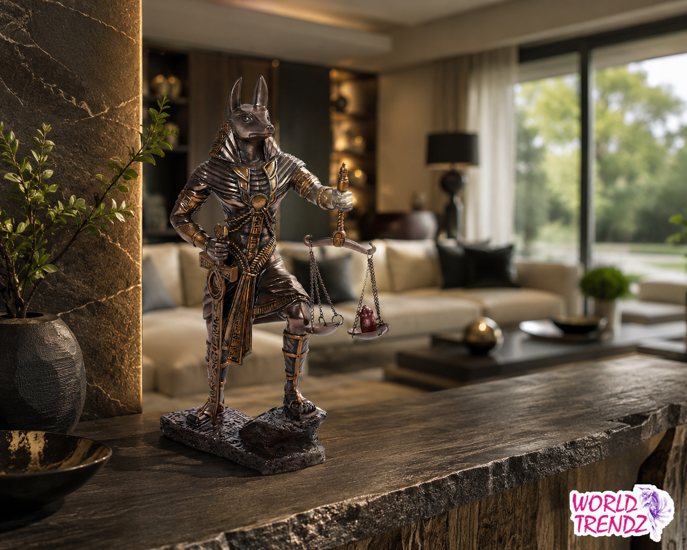 A metallic Anubis statue holding a balance scale stands on a dark wooden console table in a modern living room setting. The background shows a cozy living room with a sofa, lamps, and large windows.
