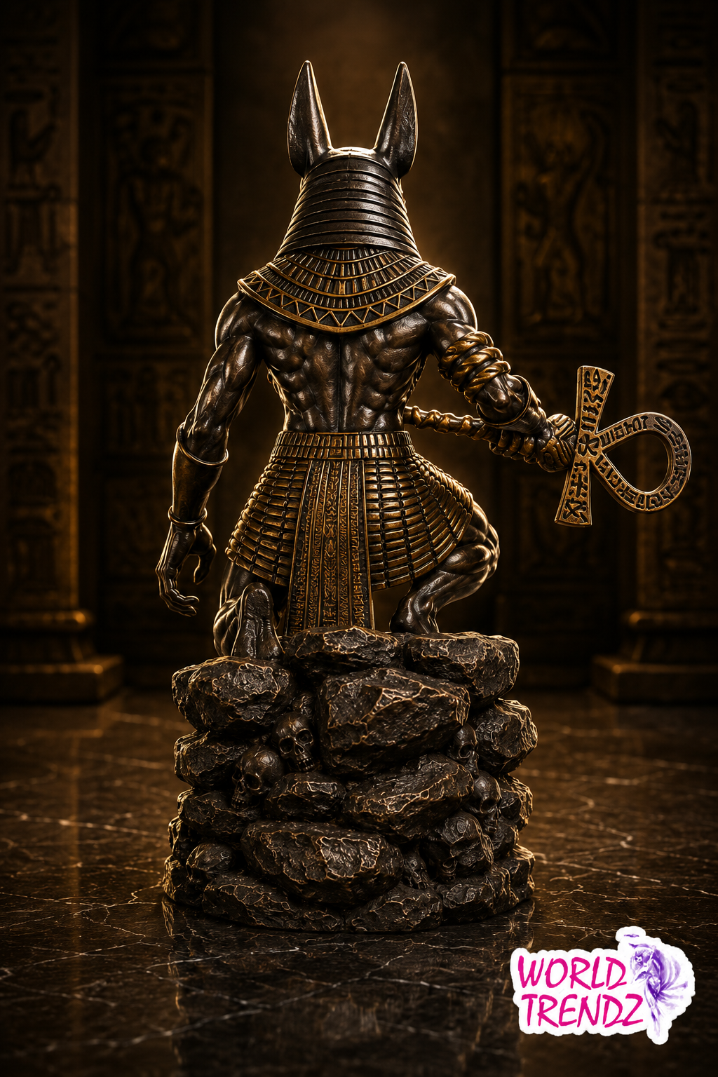 A detailed bronze-finished statue of Anubis, the Egyptian god of death, shown from behind holding an ankh symbol, standing on a dark stone base in a temple-like setting.