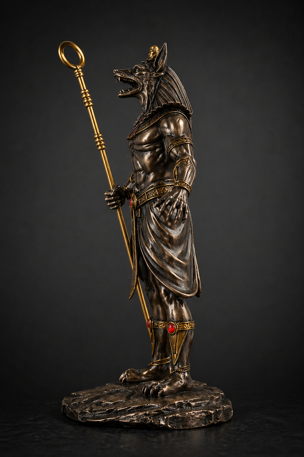 Statue of Anubis with a wolf head holding a staff on a dark background