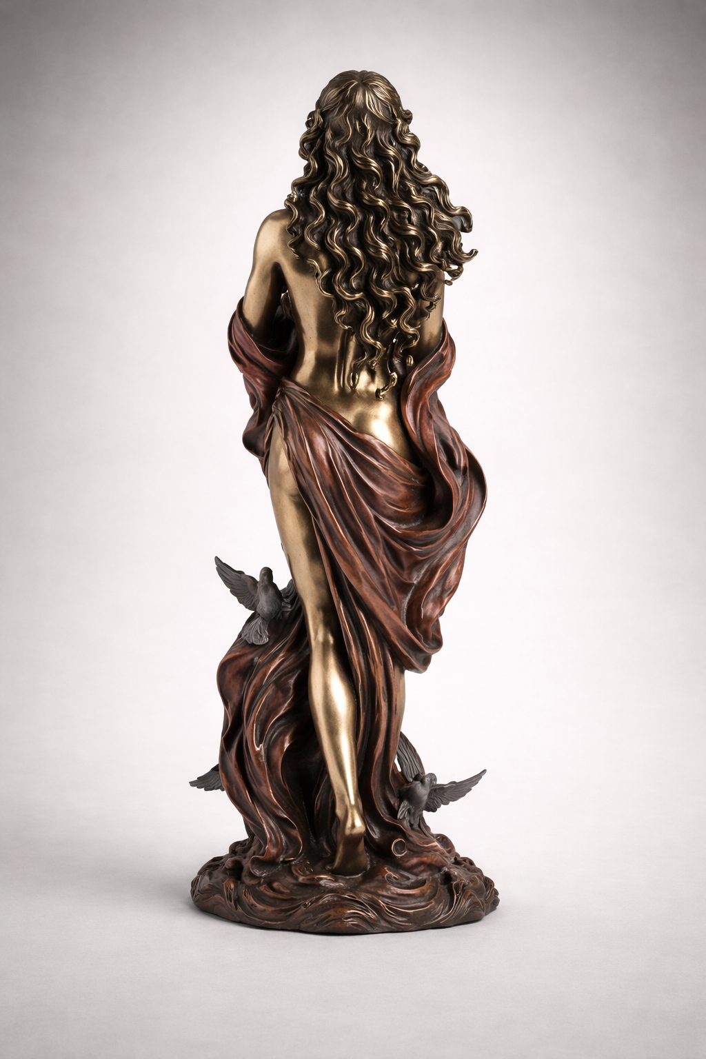 Bronze statue of Aphrodite with flowing hair on a white background