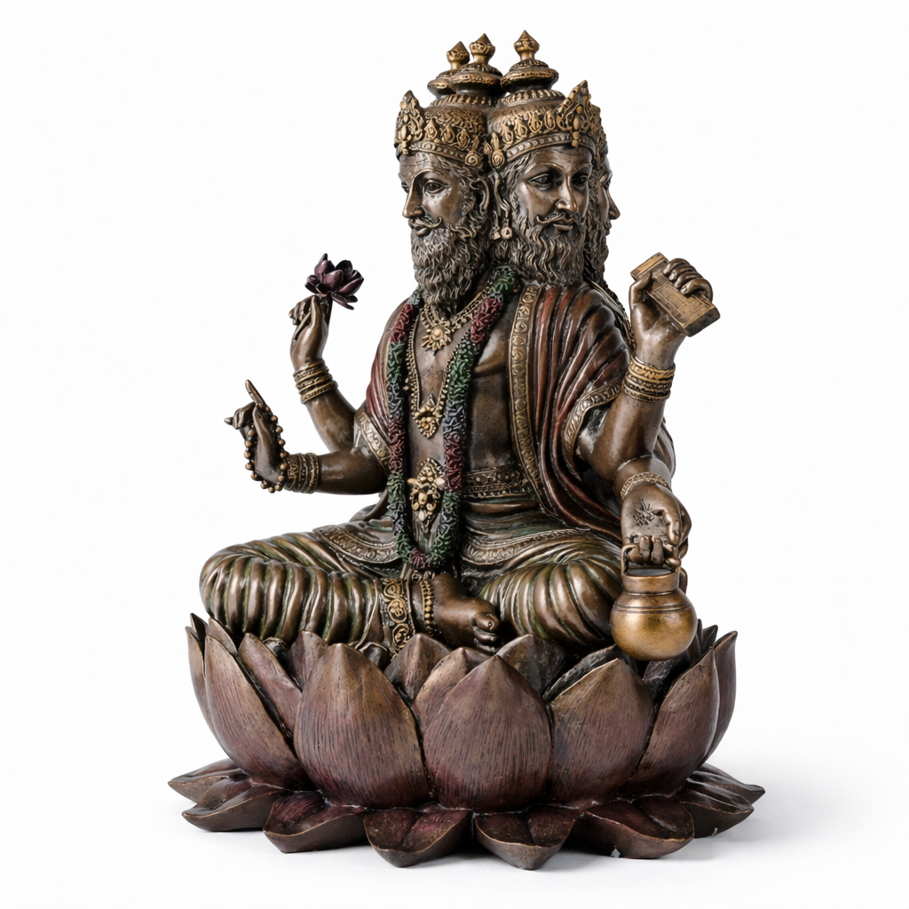Bronze statue of Brahma a seated figure on a white background
