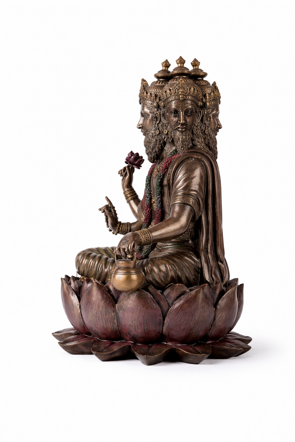 Bronze statue of Brahma a seated figure on a white background