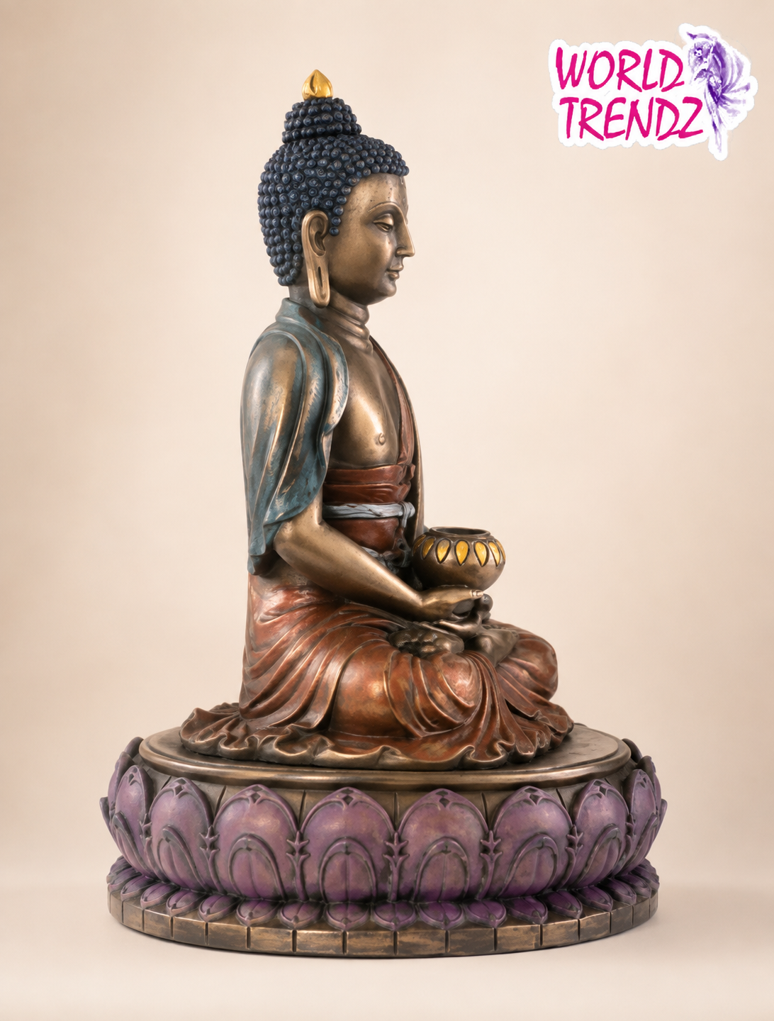 A bronze-finished Buddha Double Lotus Amitabha statue seated in a meditative pose on a lotus base, shown against a plain beige background. The statue has a weathered metallic look with dark patina details and a gold-colored bowl.