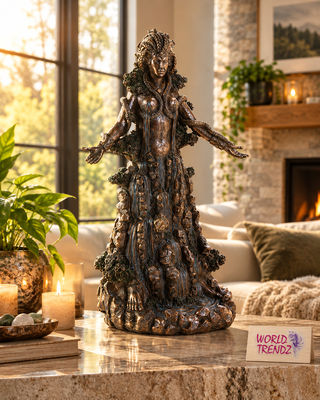 A detailed Goddess Danu, a female nature goddess with outstretched arms, styled on a marble mantel in a cozy living room setting with candles, plants, and a fireplace.