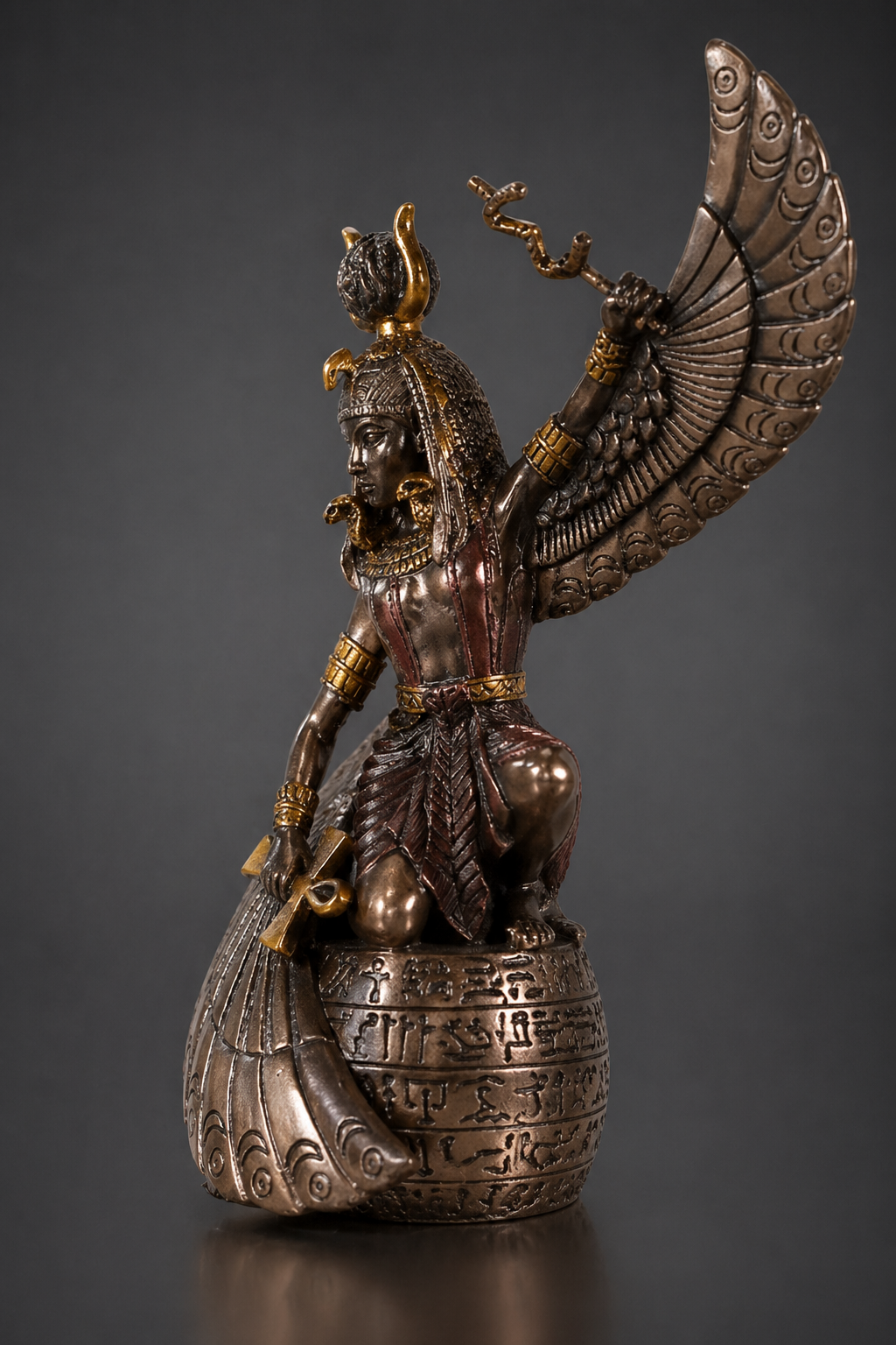 Bronze statue of Mother Isis on a dark background