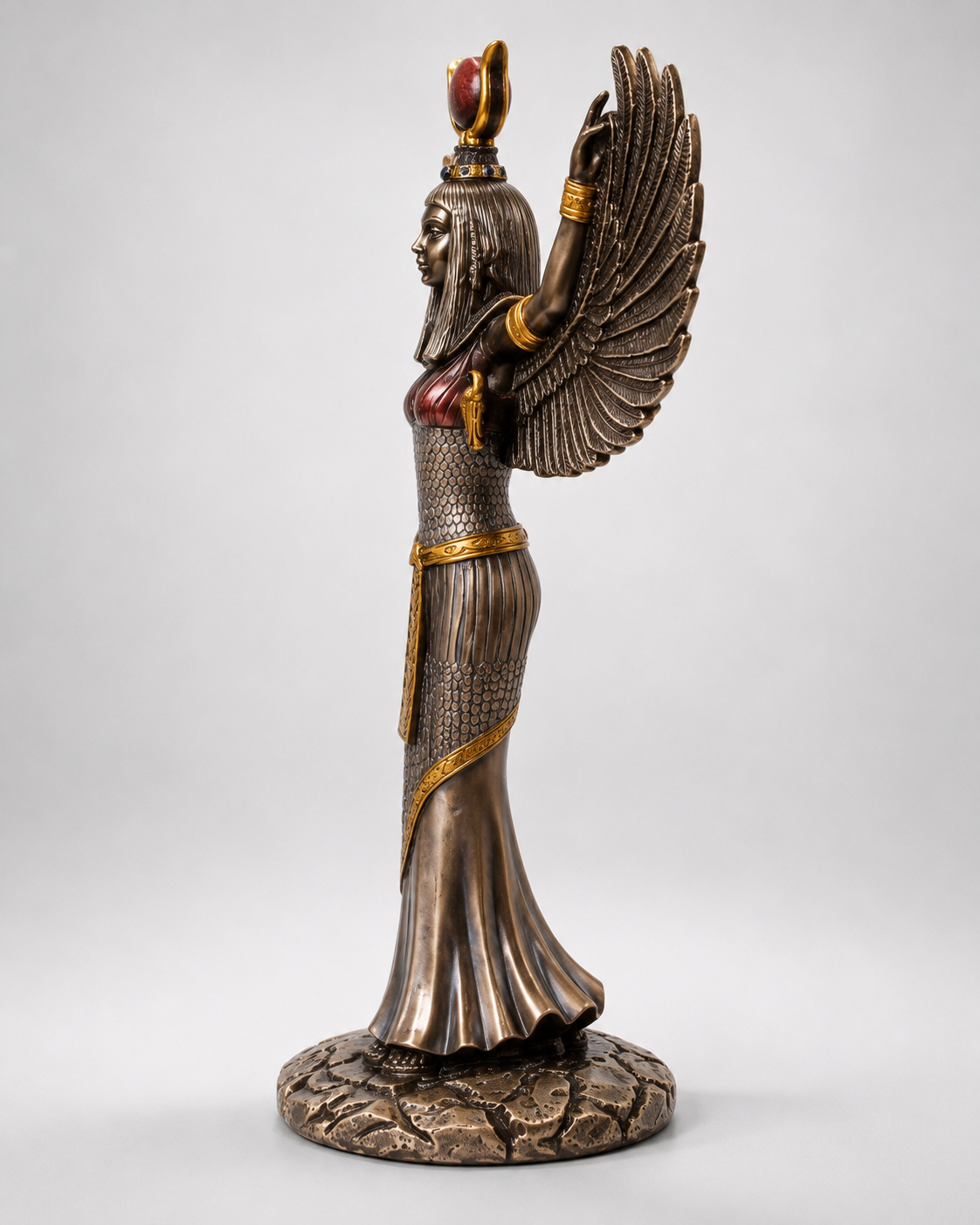 Statue of Isis Mythological Bronze Finish, a winged figure with detailed attire on a white background