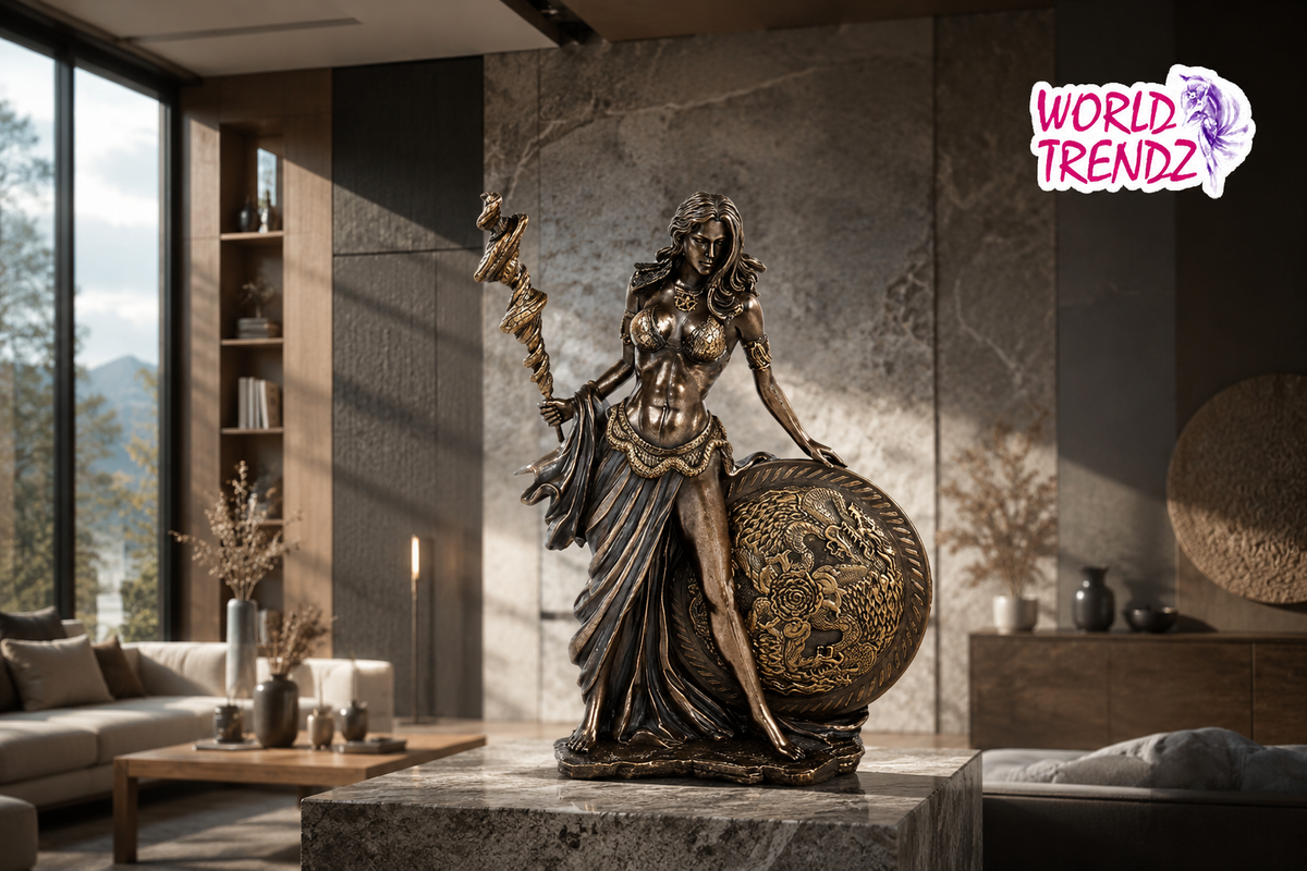 A bronze-finished statue of a draped female figure Frigga, holding a snake and standing beside a globe, displayed on a stone pedestal in a modern living room setting. A 'WORLD TRENDDZ' logo is visible in the top right corner.