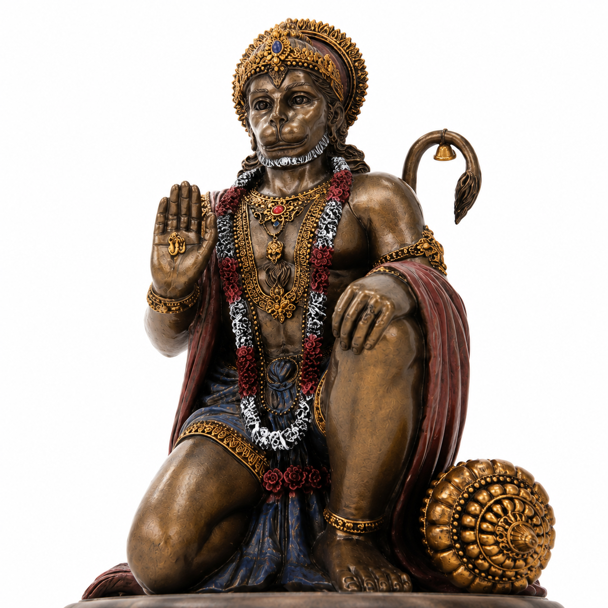 Bronze statue of Hanuman a seated figure with intricate jewelry and a staff on a white background