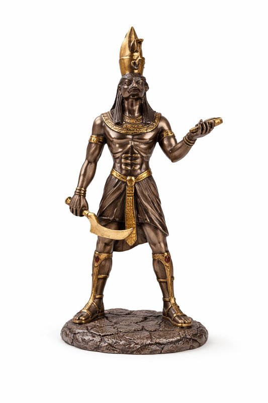 Bronze statue of an Egyptian Horus with a white background