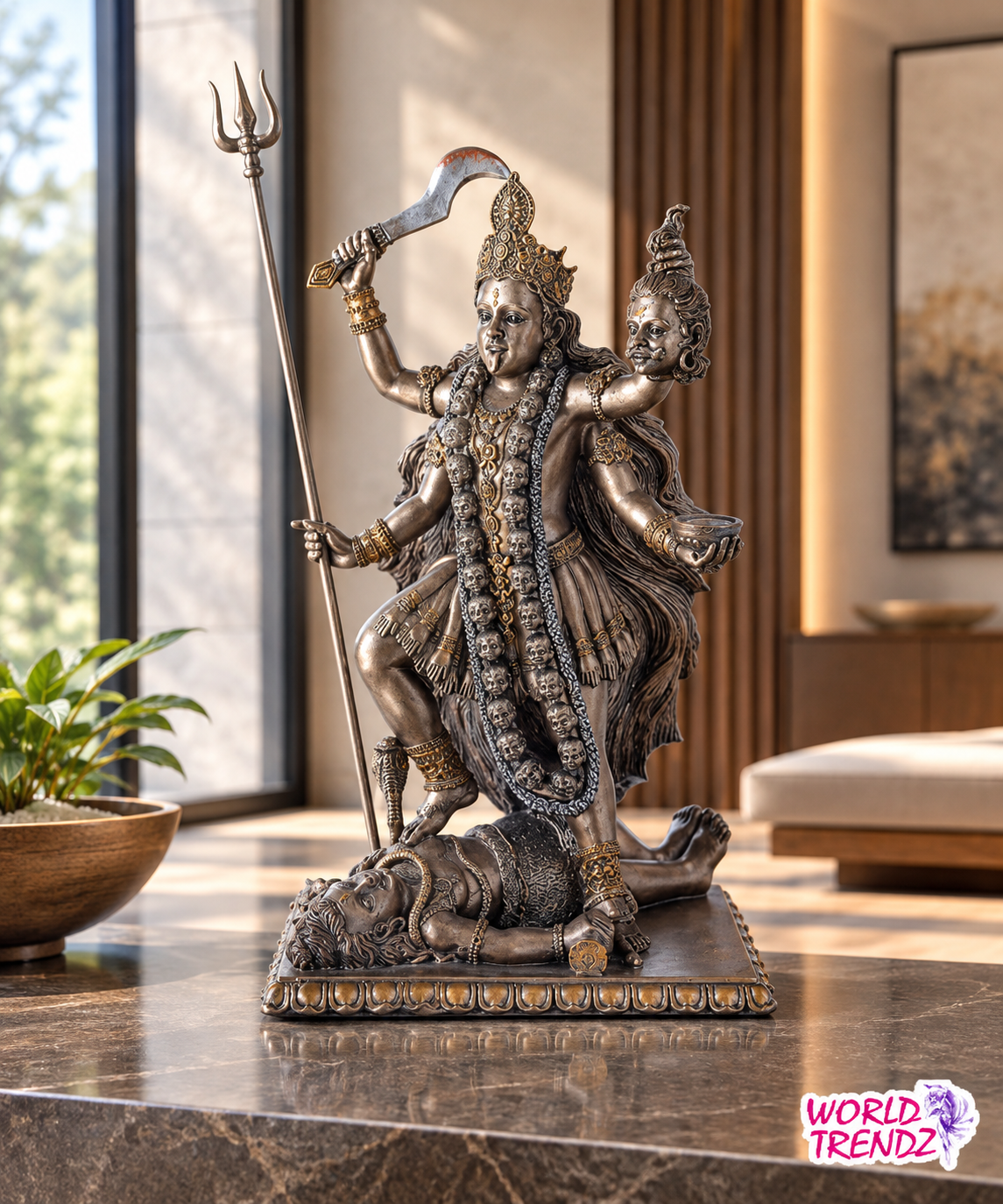 A detailed bronze-finished statue of Kala Kali, holding a trident and a sword, displayed on a polished marble table in a modern, sunlit room.