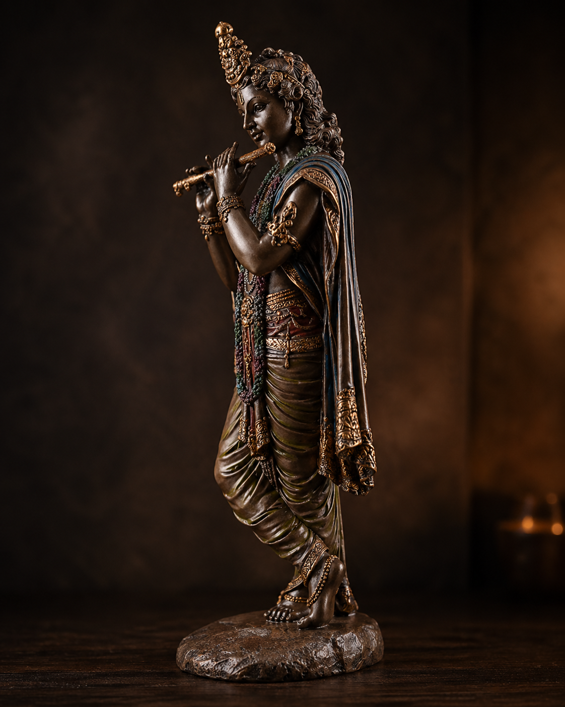Bronze statue of Krishna playing a flute against a dark background