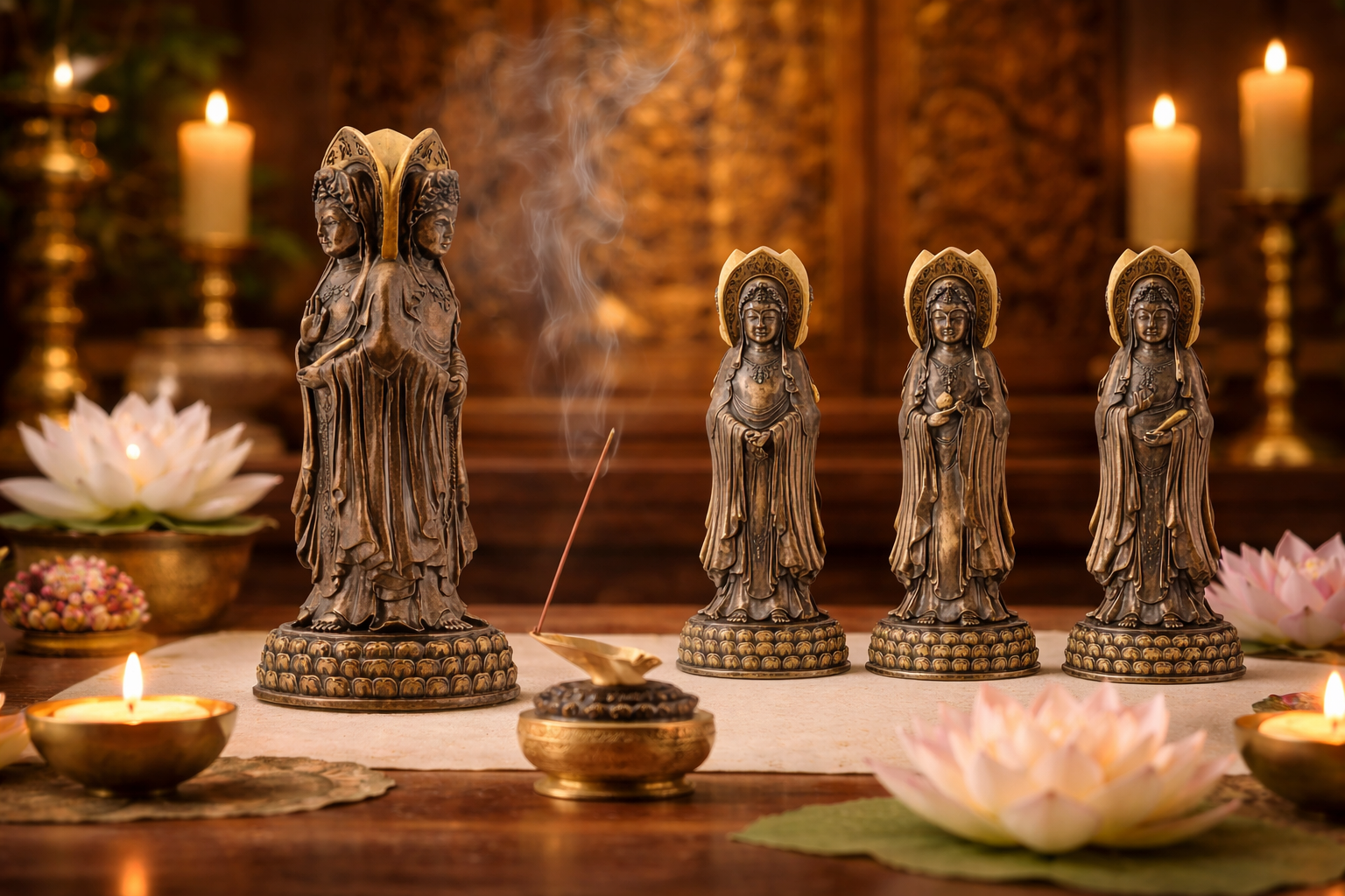 Bronze statue of 3 Faced Kuanyin with incense and candles in a serene setting