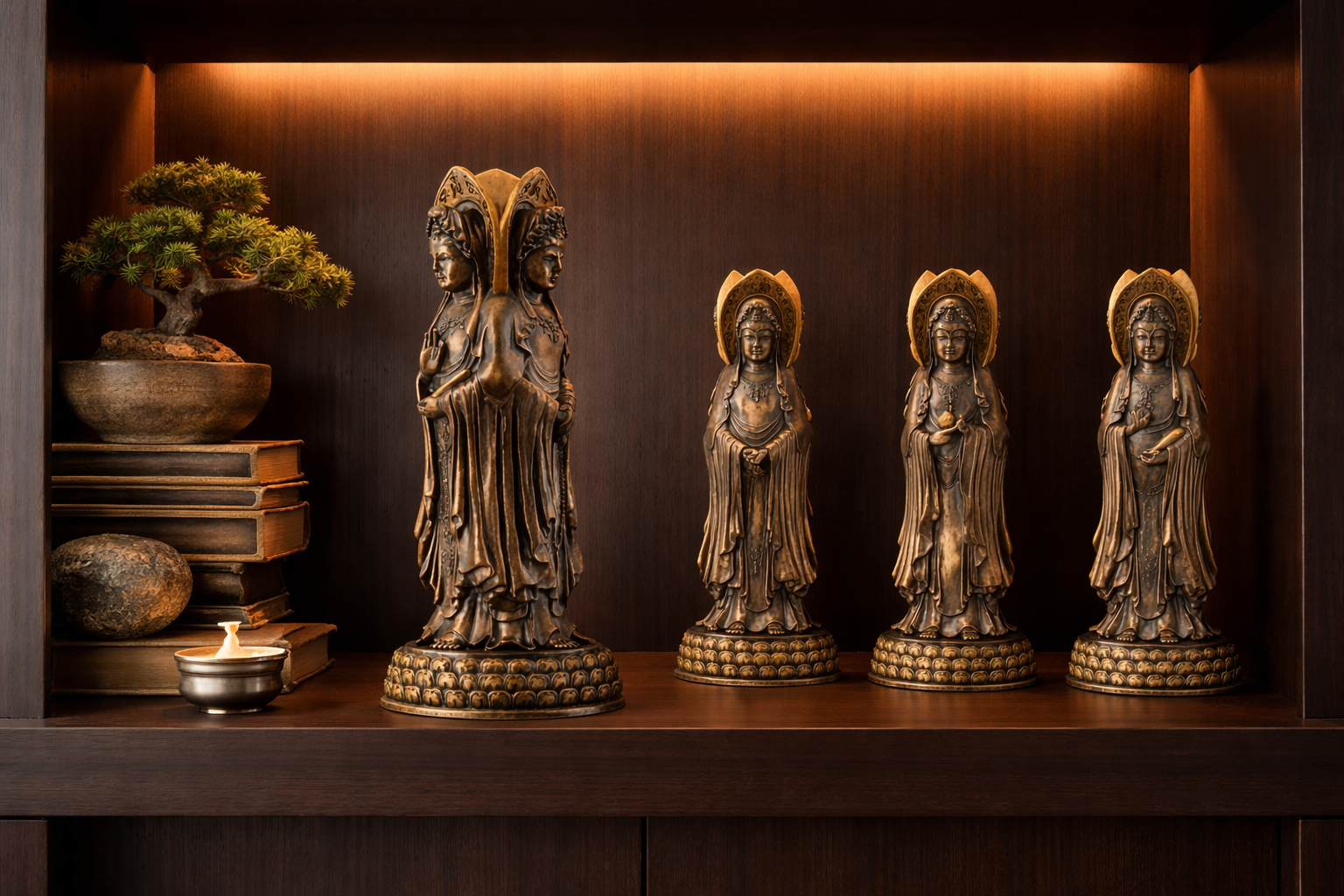 3 Faced Kuanyin statue on a wooden shelf with a warm light background