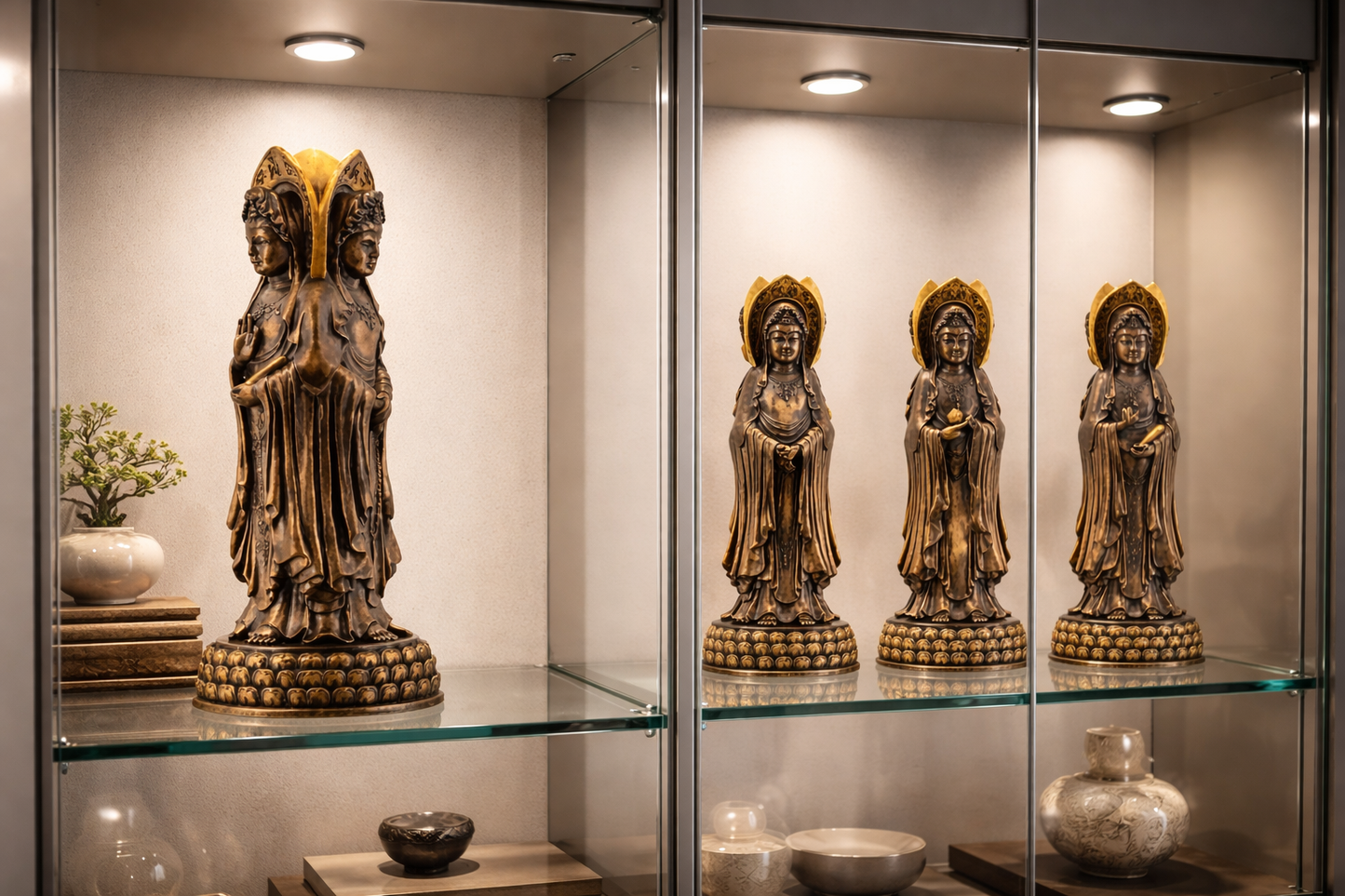 Bronze statue of 3 Faced Kuanyin displayed in a glass case with soft lighting