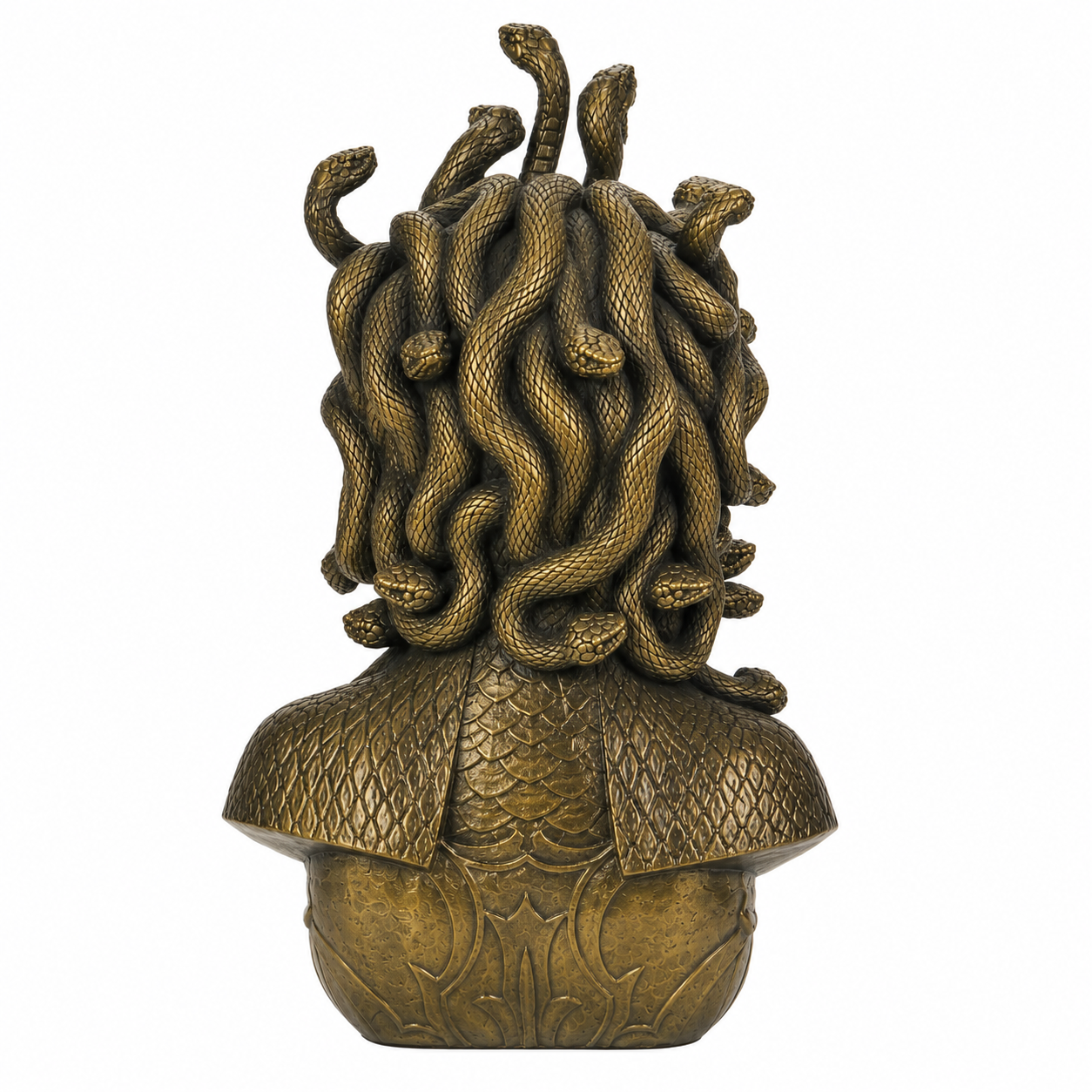 Bronze statue of Medusa with snakes on a white background