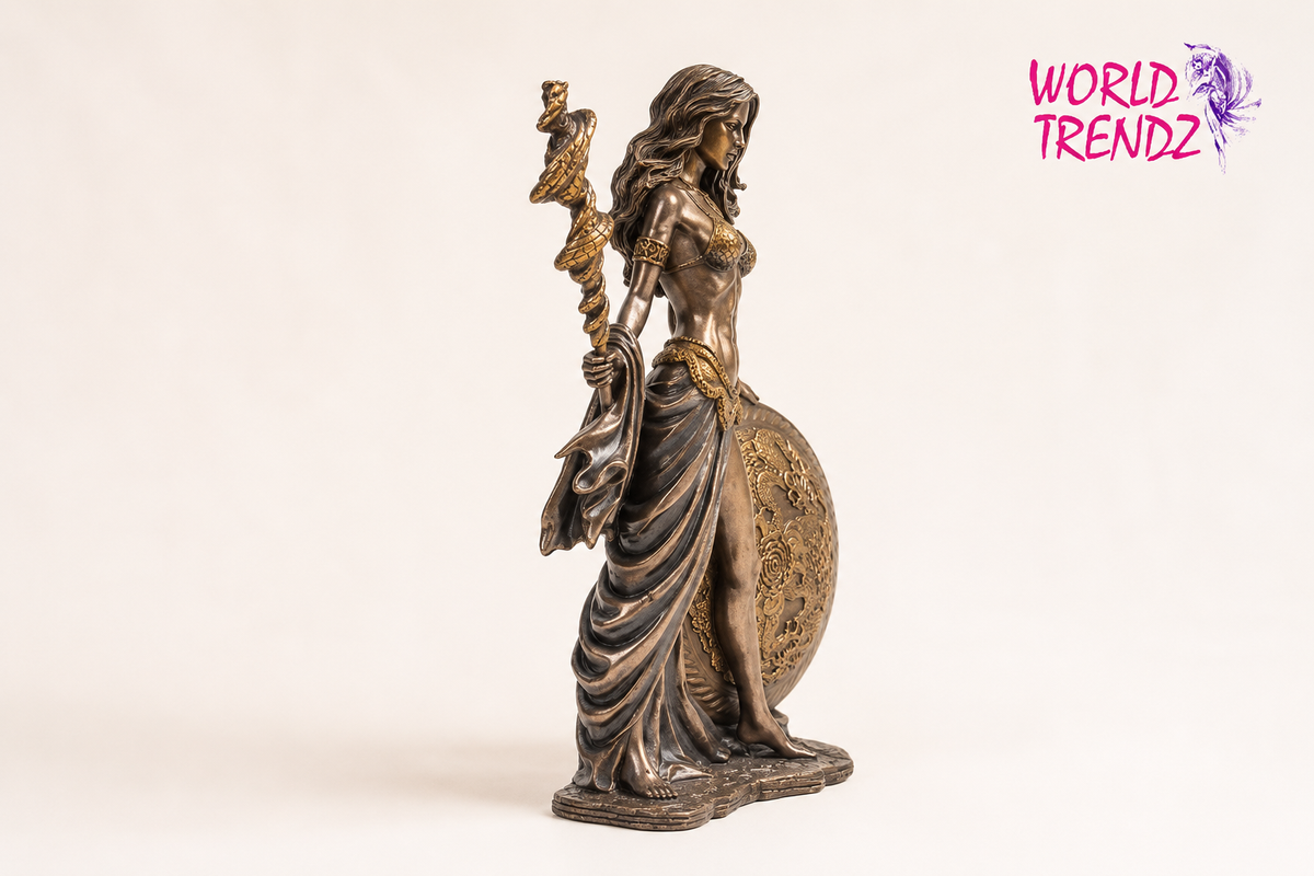 A bronze-finished statue of a classical female warrior Frigga, holding a spear and shield, shown against a plain off-white background with a 'WORLD TRENDZ' logo in the top right corner.