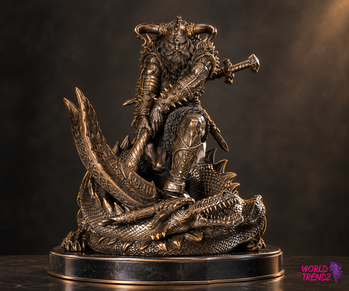 A detailed bronze-finished metal sculpture of Thor, a horned warrior riding a dragon, displayed on a black circular base against a dark, atmospheric background.