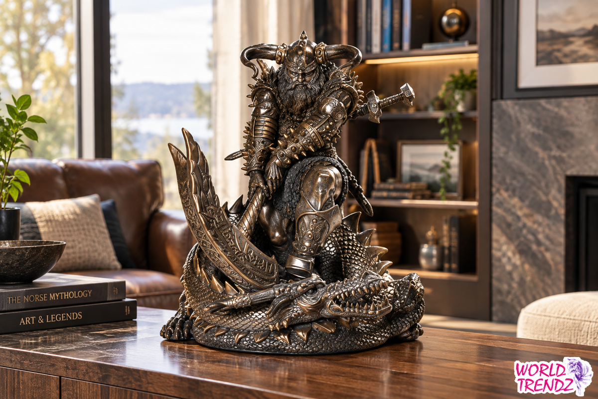 A detailed bronze-finished fantasy warrior statue Thor on a coiled dragon, displayed on a wooden table in a modern living room setting.