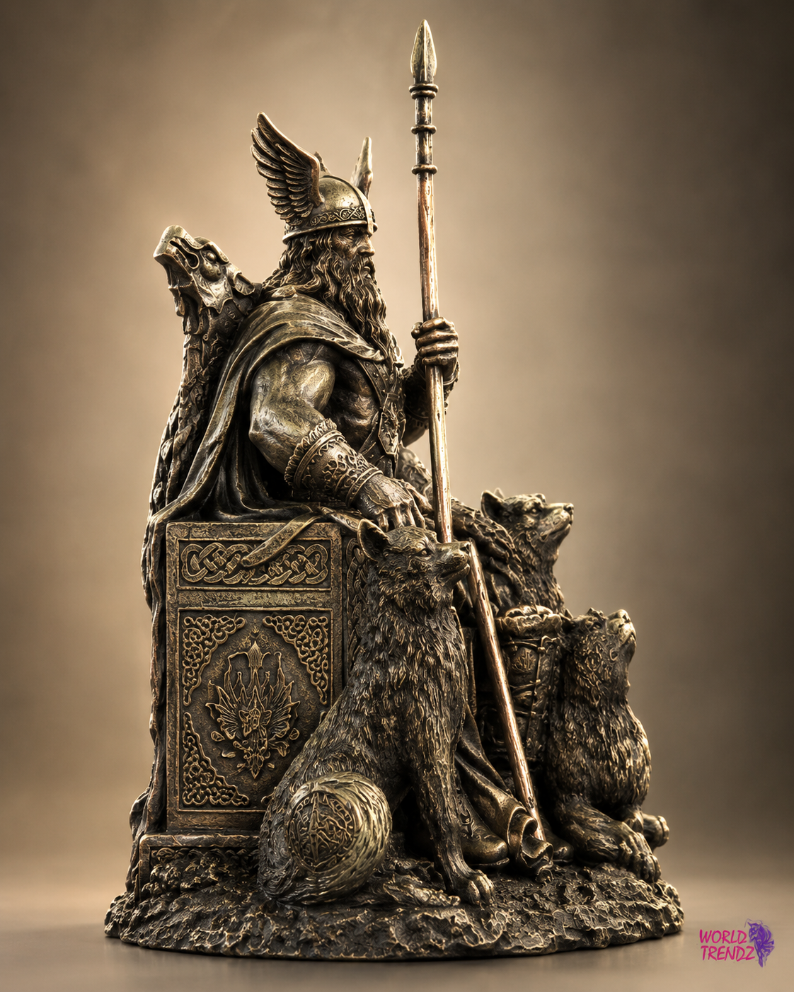 A detailed ODIN — Norse God seated on a throne, holding a spear, with wolves at his side, shown against a warm brown gradient background.