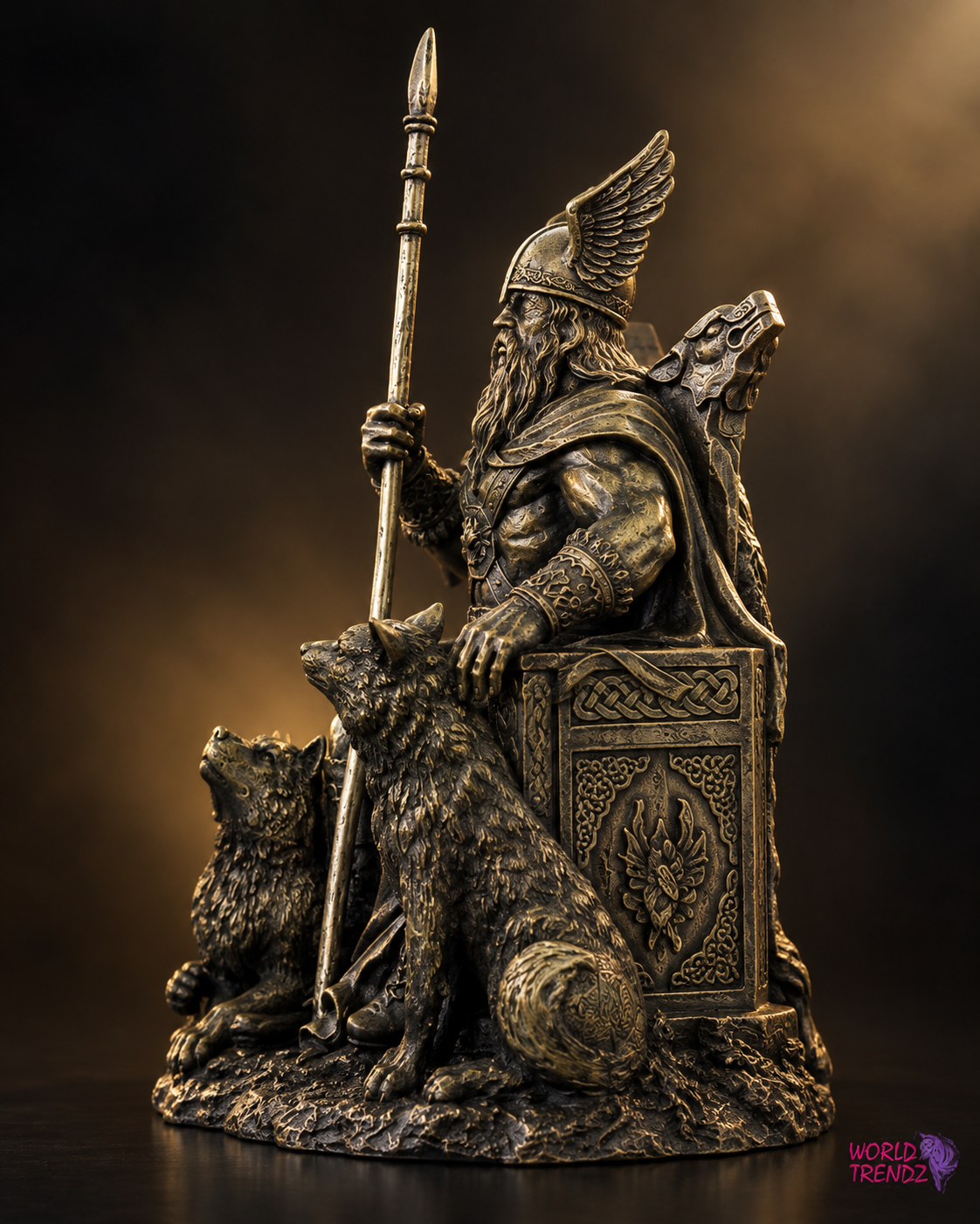 A detailed bronze-finished statue of ODIN — Norse God seated on a throne with a spear, accompanied by two hounds, photographed against a dark brown studio background.