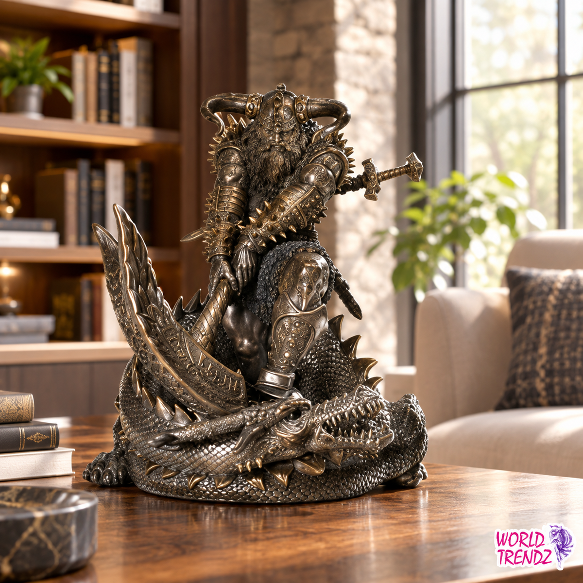A dark metallic fantasy warrior statue of Thor on a coiled dragon, displayed on a wooden table in a cozy living room setting with a bookshelf and sofa in the background.