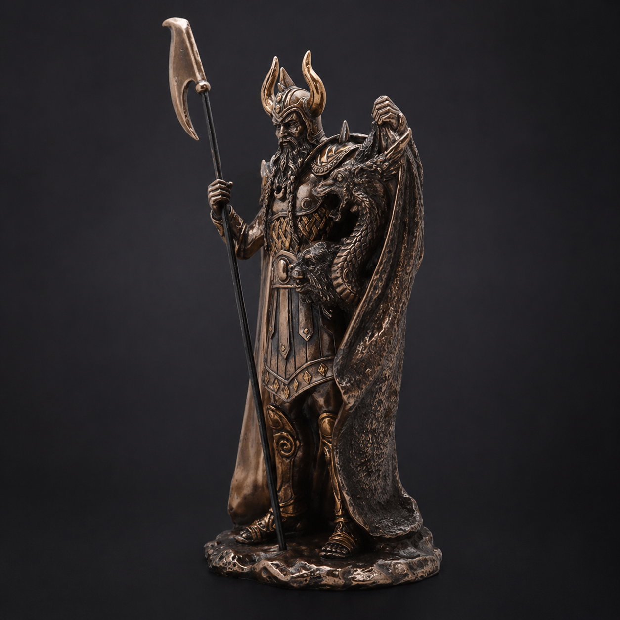 Statue of Loki with armor and spear on a dark background
