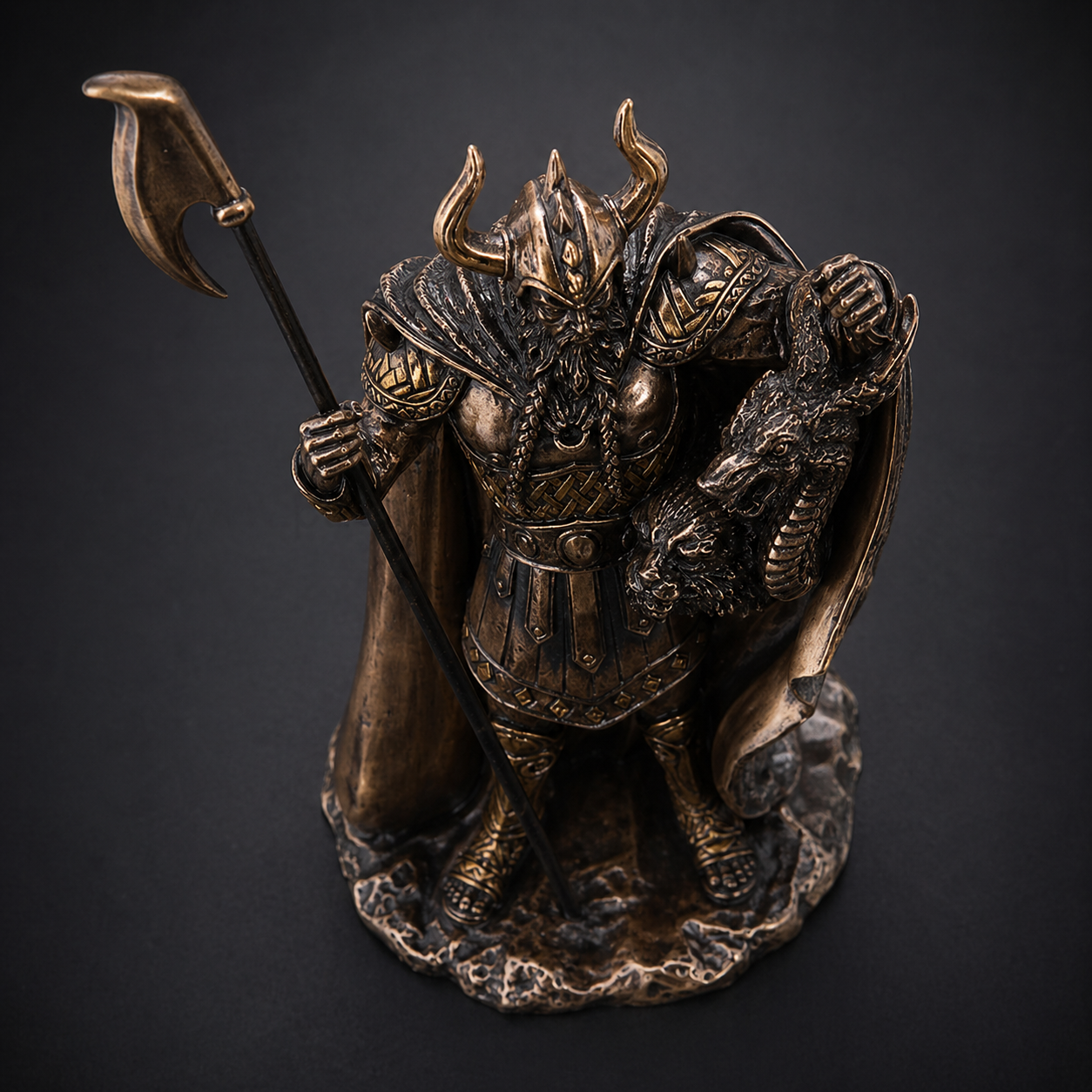 Bronze figurine of Loki with a spear on a dark background