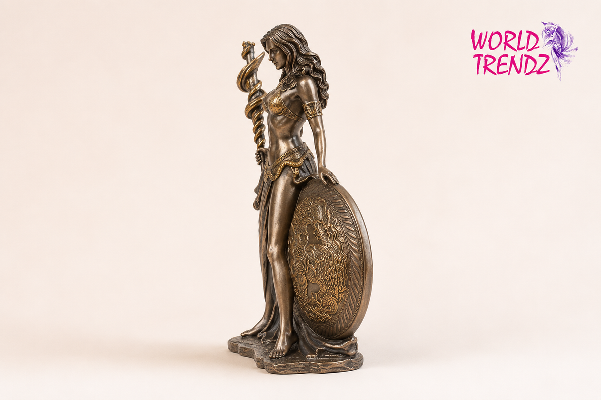 A bronze-finished statue of a classical female warrior Frigga, holding a large round shield and a snake wrapped around a staff, shown against a plain light beige background with a 'WORLD TRENDZ' logo in the top right corner.