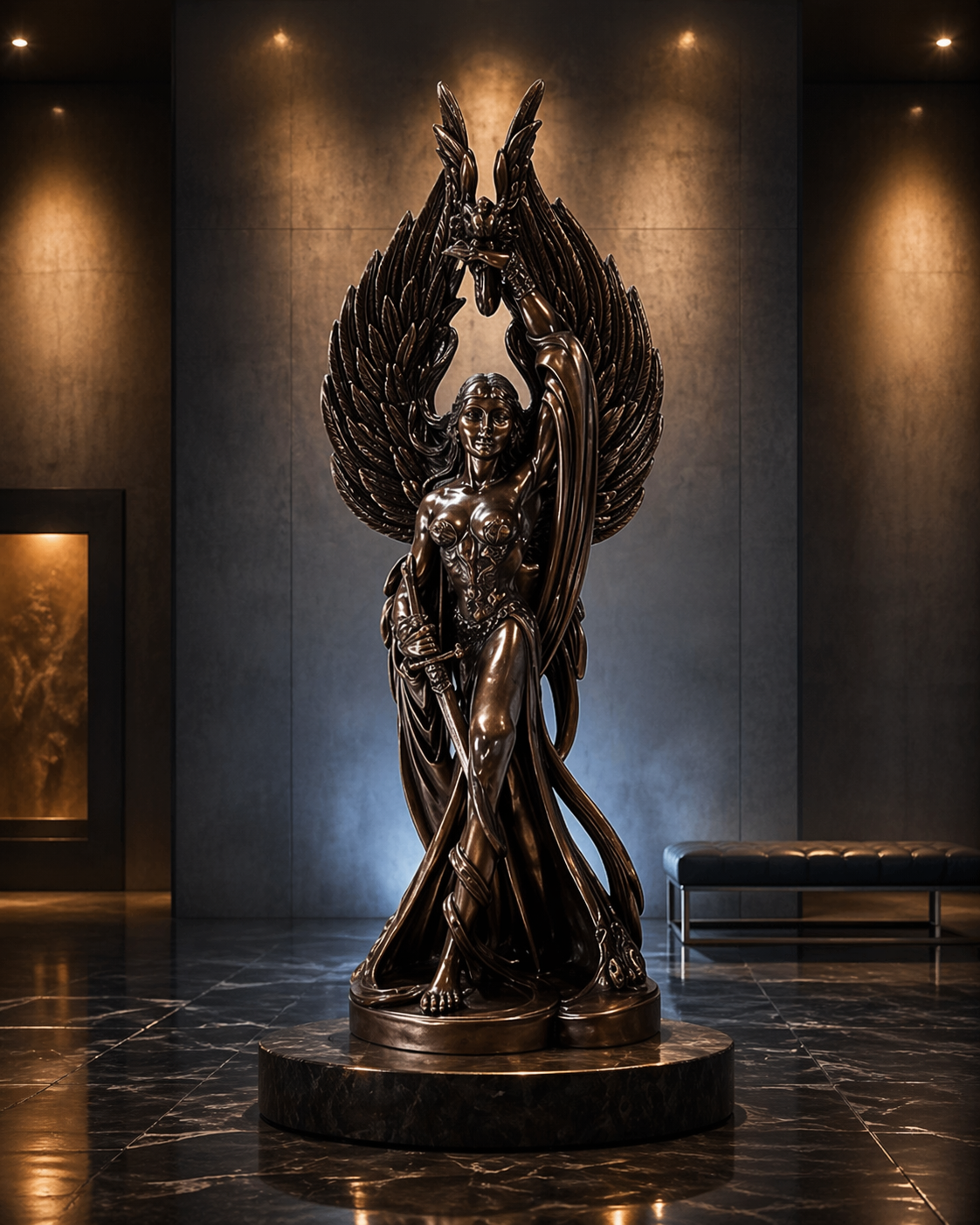 Bronze statue of Goddess Morrigan with wings in a dark room