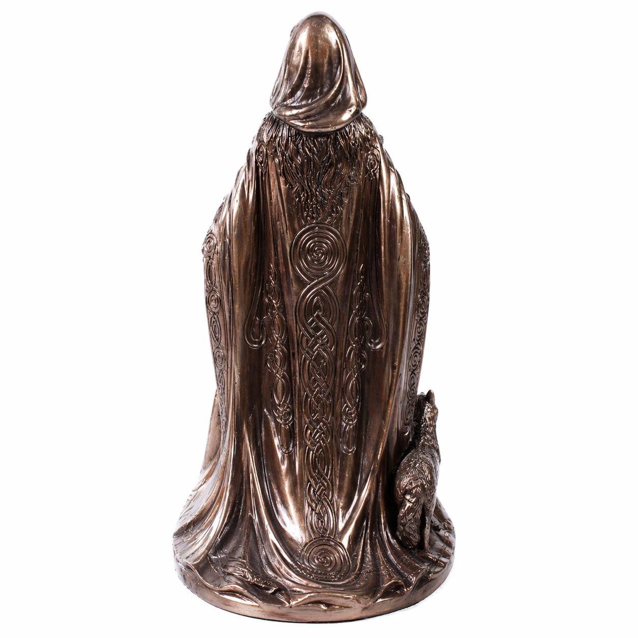 Danu Bronze statue of a figure in a hooded garment on a white background