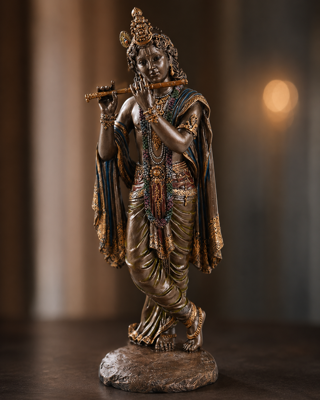 Statue of Krishna holding a flute against a blurred background