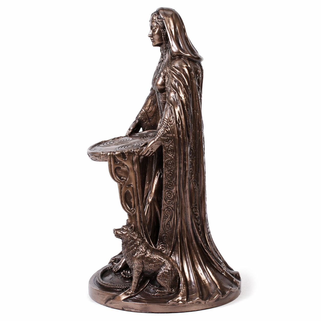 Danu Bronze statue of a woman with a dog on a white background