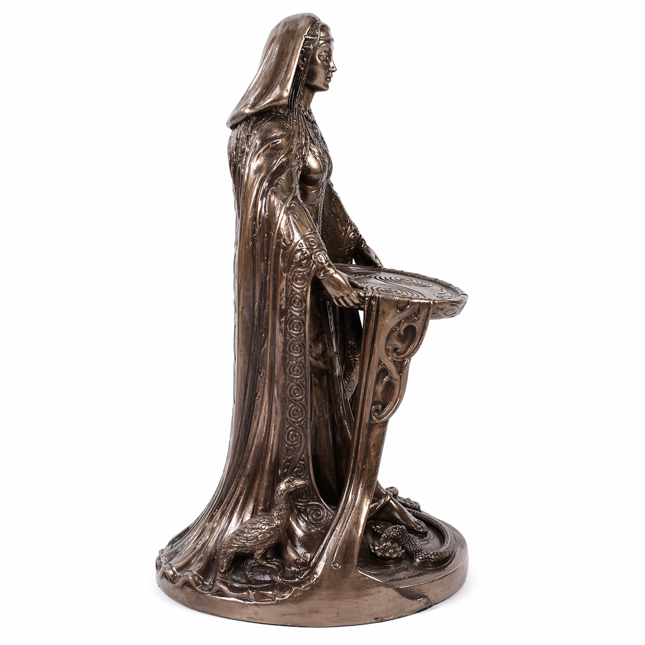 Danu Bronze statue of a draped figure holding a bowl on a white background