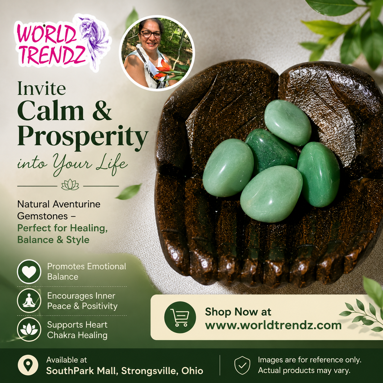Social media promotional visual using the provided image of polished green aventurine gemstones resting in a carved wooden hand-shaped bowl.