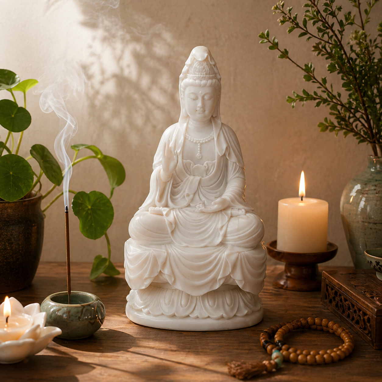 White Kuanyin statue on a wooden table with candles and plants