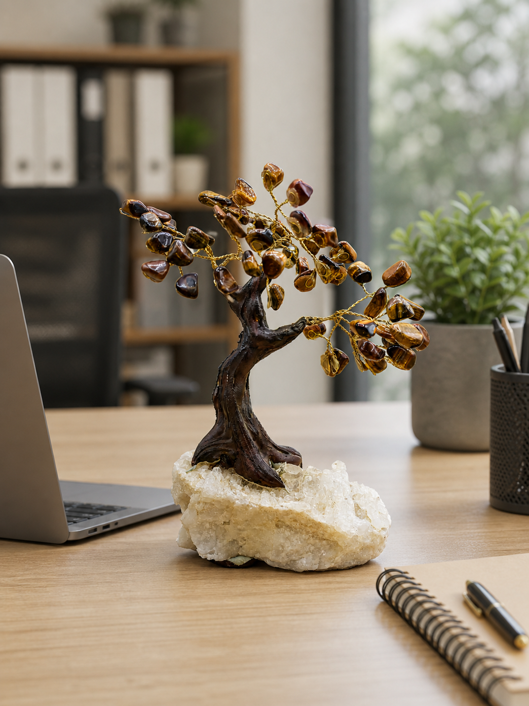 Tiger eye gemstone tree sculpture on a clean office desk beside a laptop and a notebook.
