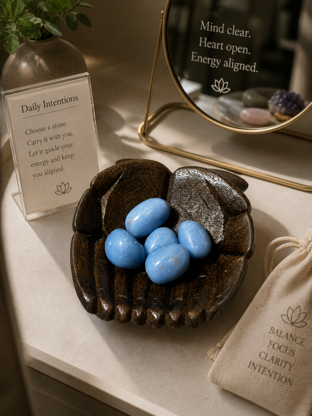 The Angelite gemstone in the bowl styled as a selection tray for personal use. Soft spotlighting and gentle shadows create a boutique-like feel, implying the stones are chosen daily to carry for energy, balance, and intention-setting. Elegant, minimal presentation.