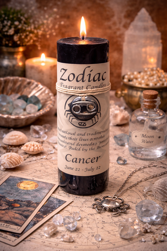Zodiac Cancer candle on a mystical table with crystals and tarot cards