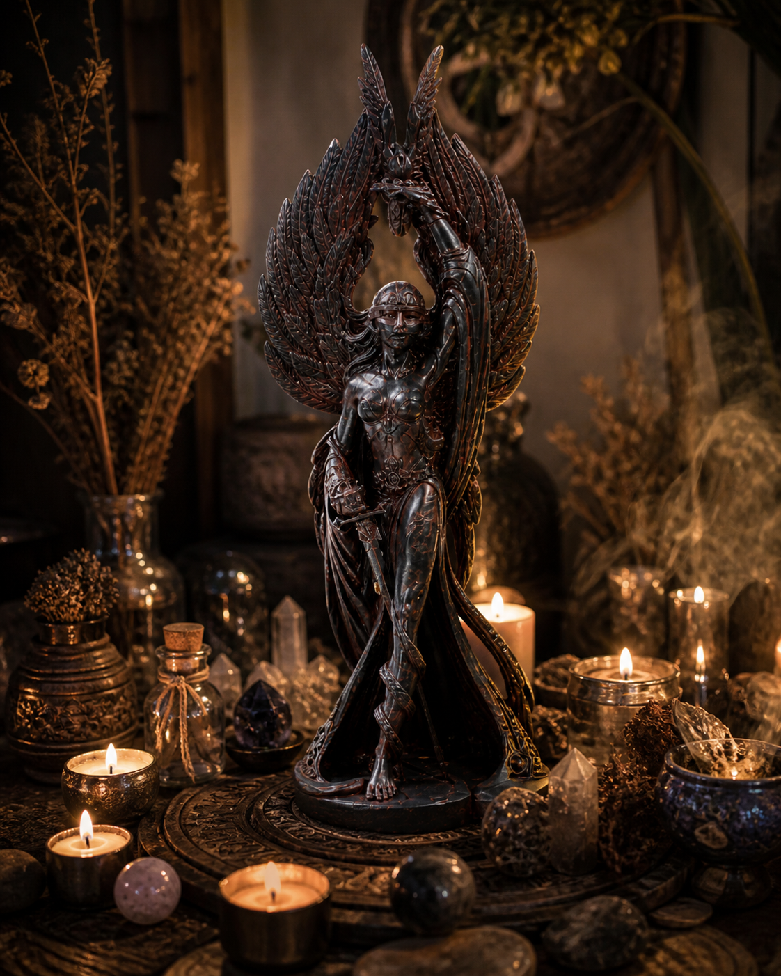 Statue of Goddess of War Morrigan surrounded by candles and crystals on a dark background