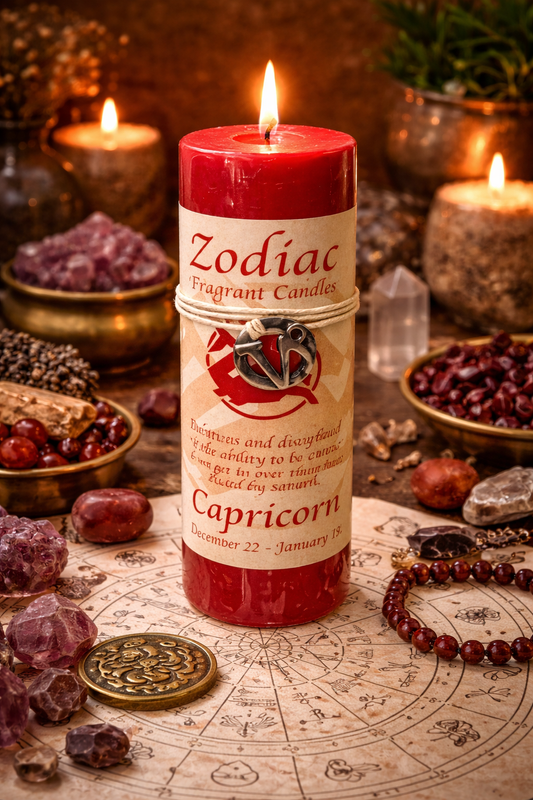 Zodiac fragrant candle labeled 'Capricorn' surrounded by crystals and astrological elements on a wooden surface.