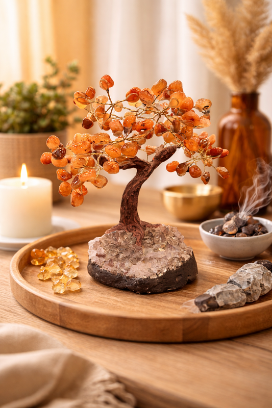 Decorative carnelian crystal tree on a wooden tray with candles and plants in the background