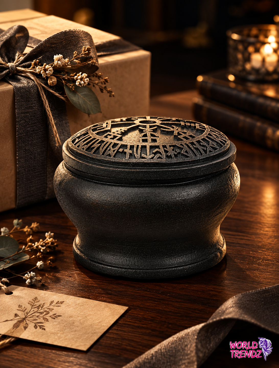 A dark charcoal-colored metal Vegvisir Box with an intricate cutout lid, displayed on a wooden table next to a wrapped gift box and dried flowers.