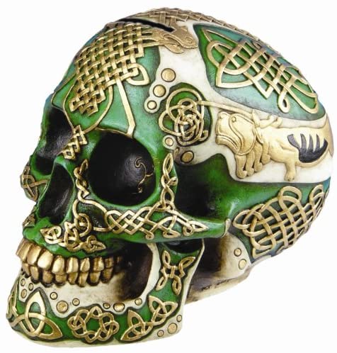 Celtic Lion Skull Savings Bank – Hand-Painted Polyresin with Gold Celtic Design