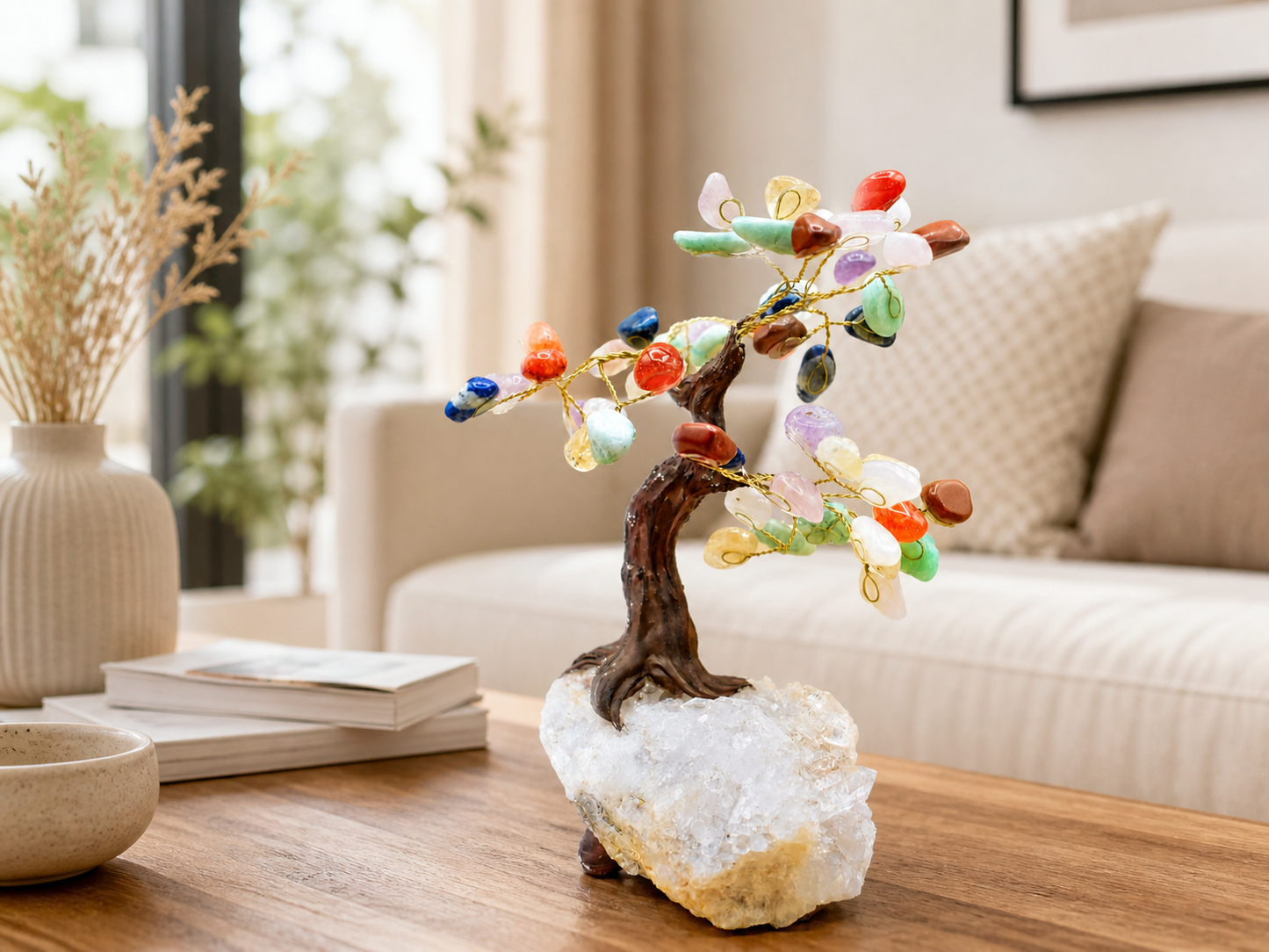 The chakra gemstone tree as a centerpiece on a modern living room coffee table with soft natural light from a nearby window, neutral-toned furniture, and minimal décor. 