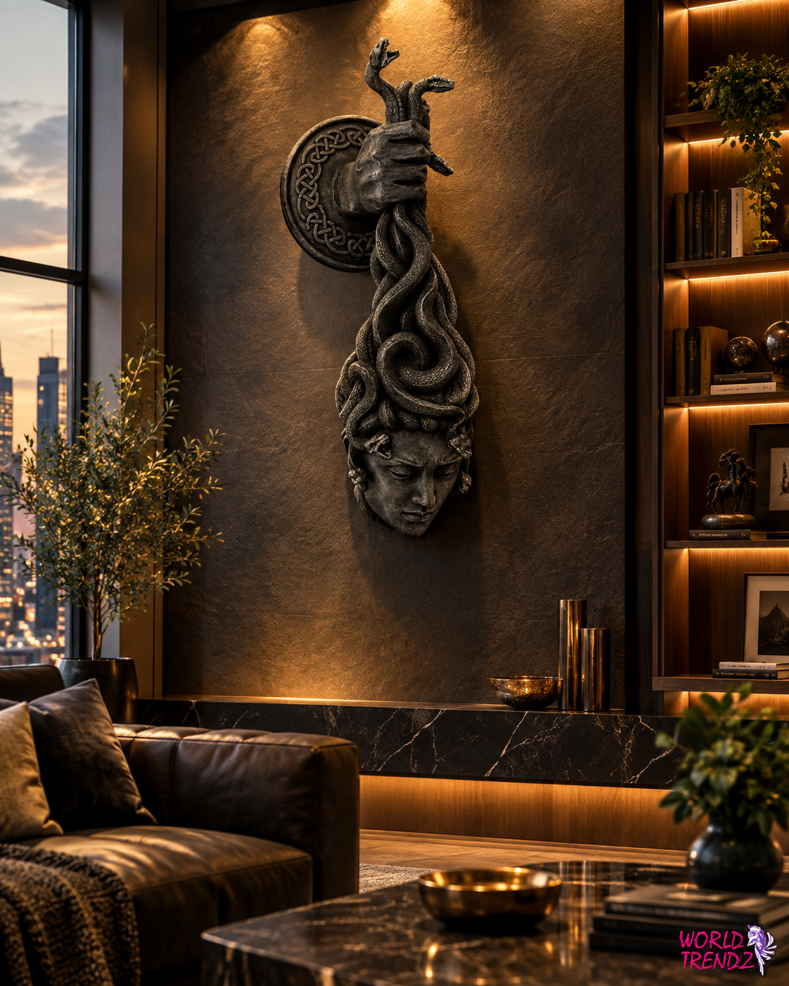A dark bronze wall sculpture of a hand holding Medusa Head Wall Plaque, mounted on a textured wall in a modern, warmly lit living room with a leather sofa and marble table.